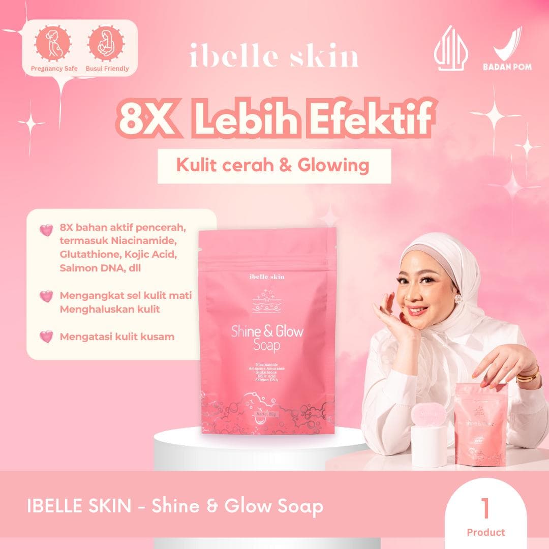 Foto produk (1 Pcs) Shine & Glow Soap | Gluta Soap | Mencerahkan Badan dengan kandungan aktif Niacinamide, Arisaema Amuranse, Gluthatione, Kojic Acid, Salmon DNA | 80 g | FREE Jaring Sabun - ibelle skin