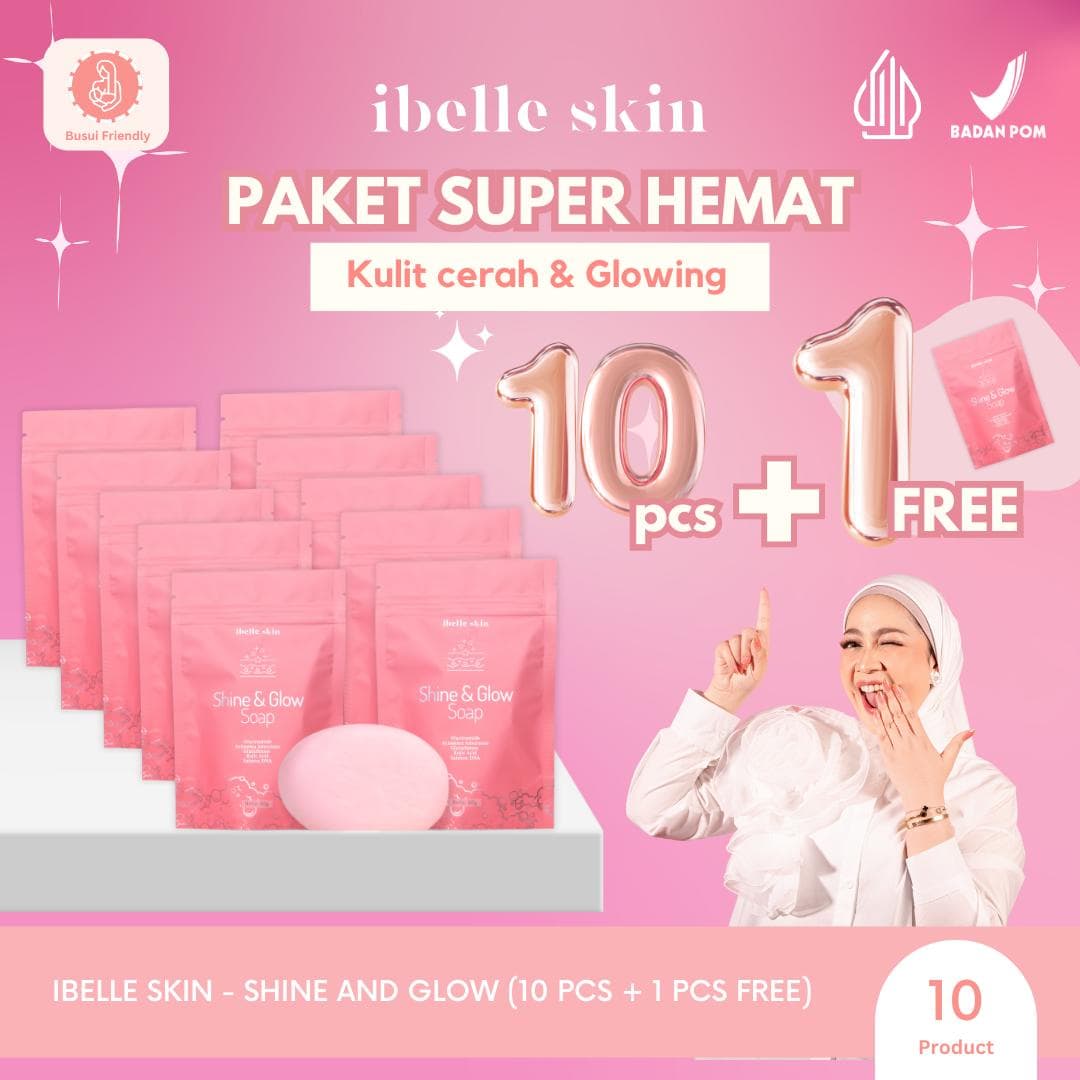 Foto produk (10+GRATIS 1 ) Shine & Glow Soap | Gluta Soap | Mencerahkan Badan dengan kandungan aktif Niacinamide, Arisaema Amuranse, Gluthatione, Kojic Acid, Salmon DNA | 80 g | FREE 11 Pcs Jaring Sabun - ibelle skin