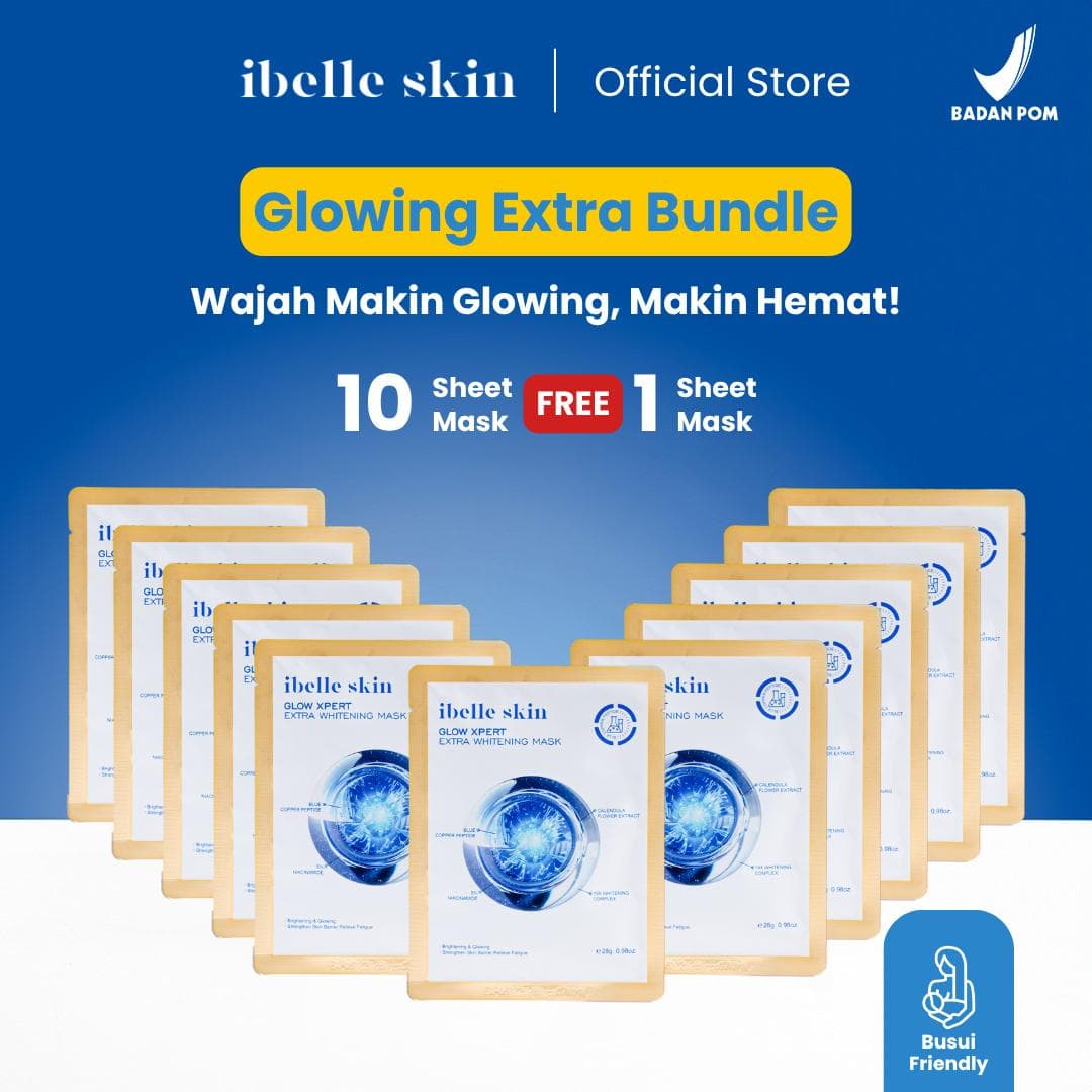 Foto produk (10+GRATIS 1) Masker Wajah 19X Whitening Complex, 5% Niacinamide, & Blue Copper Peptide | Glow Xpert Extra Whitening Sheet Mask - ibelle skin
