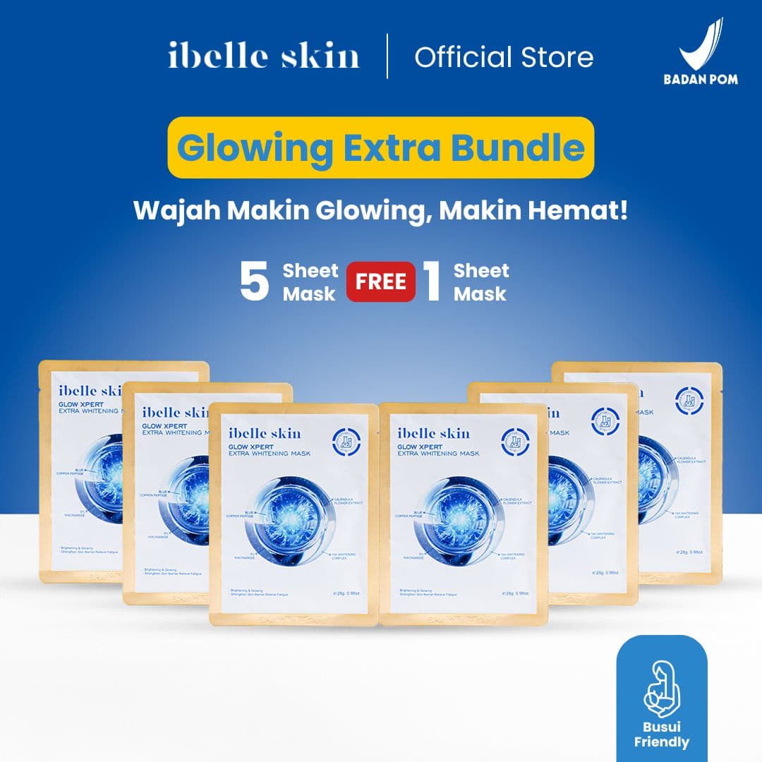 Foto produk (5+GRATIS 1) Masker Wajah 19X Whitening Complex, 5% Niacinamide, & Blue Copper Peptide | Glow Xpert Extra Whitening Sheet Mask - ibelle skin